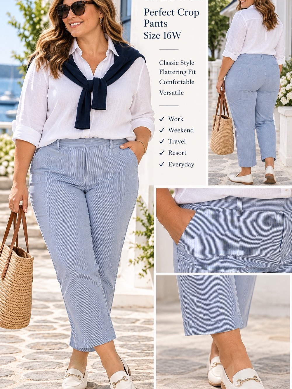 Talbots Perfect Crop Pants 16W Blue White Pinstripe Cropped Ankle Pants